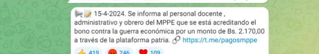 Anuncio del Bono de Guerra para docentes del MPPE en abril 2024. Foto: Pagos MPPE   