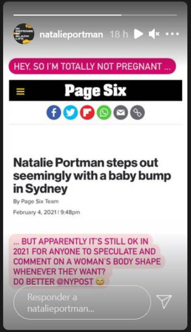 Natalie Portman niega rumores de embarazo y lamenta que hablen de su cuerpo