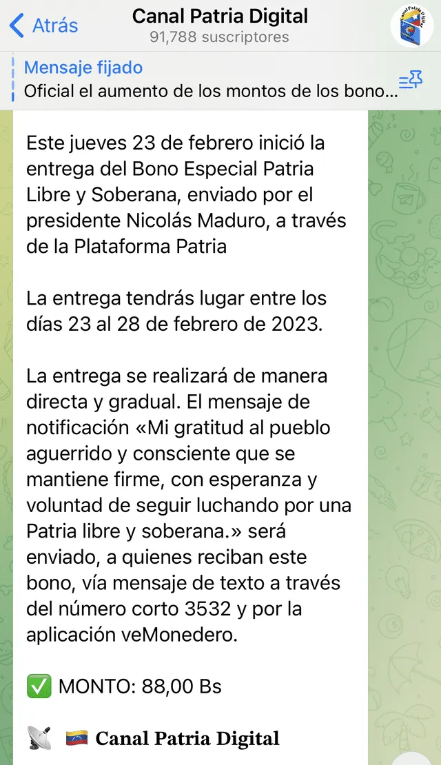  Anuncio sobre las fechas de entrega del Bono Patria Libre y Soberana. Foto: Canal Patria Digital   