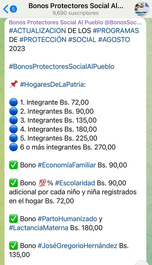 Conoce la tabla actualizada del Bono Hogares de la Patria, agosto 2023. Foto: Foto: Bonos Protectores Social Al Pueblo/ Telegram   