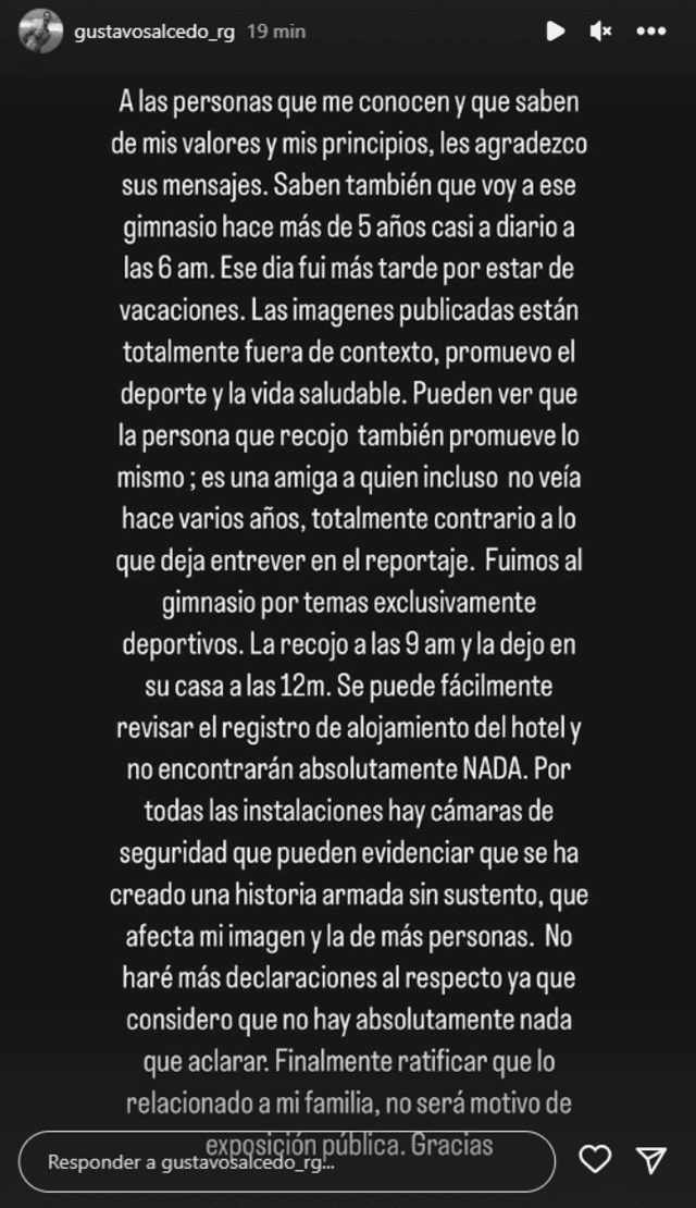 El mensaje de Gustavo Salcedo en Instagram. Foto: Instagram 