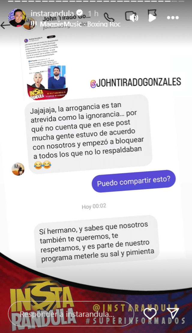 John Tirado acusa a 'Peluchín' de bloquear usuarios que no comparten su punto de vista. Foto: Instarándula   