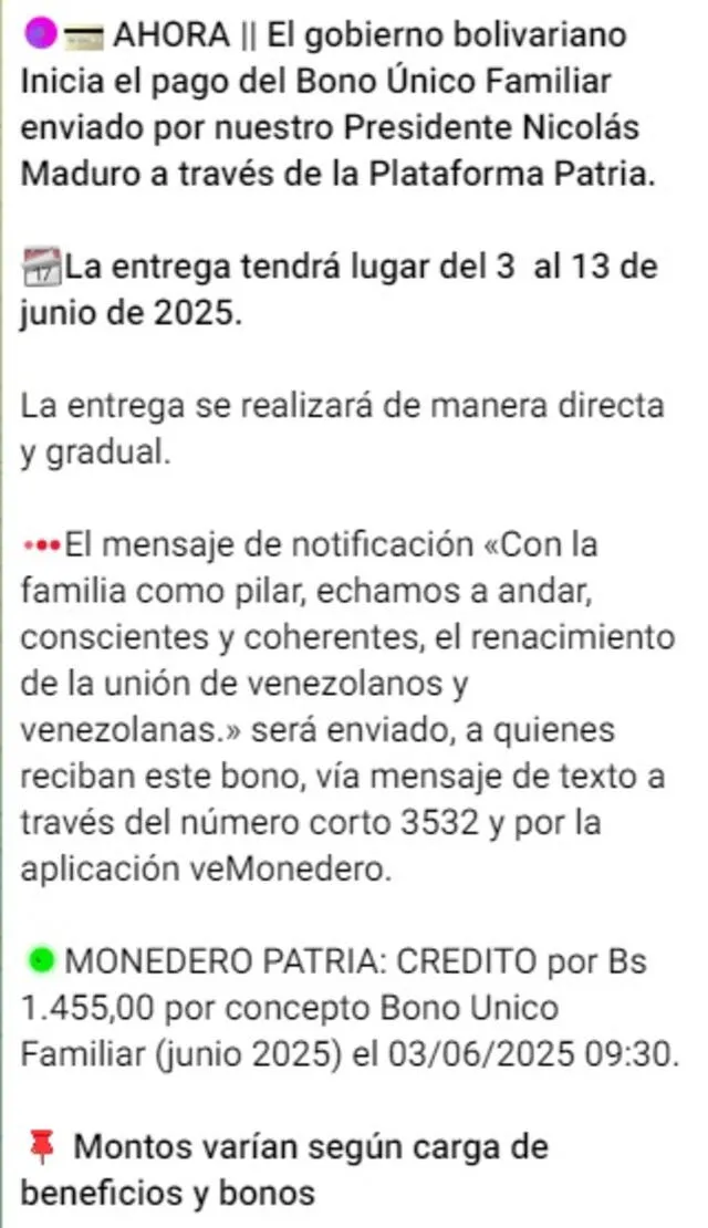 Anuncio del Bono Único Familiar de junio 2025. Foto: Canal Patria Digital Anuncio del Bono Único Familiar de junio 2025. Foto: Canal Patria Digital