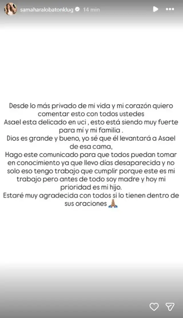 Samahara Lobatón pidió que oren por su hijo que se encuentra en UCI.