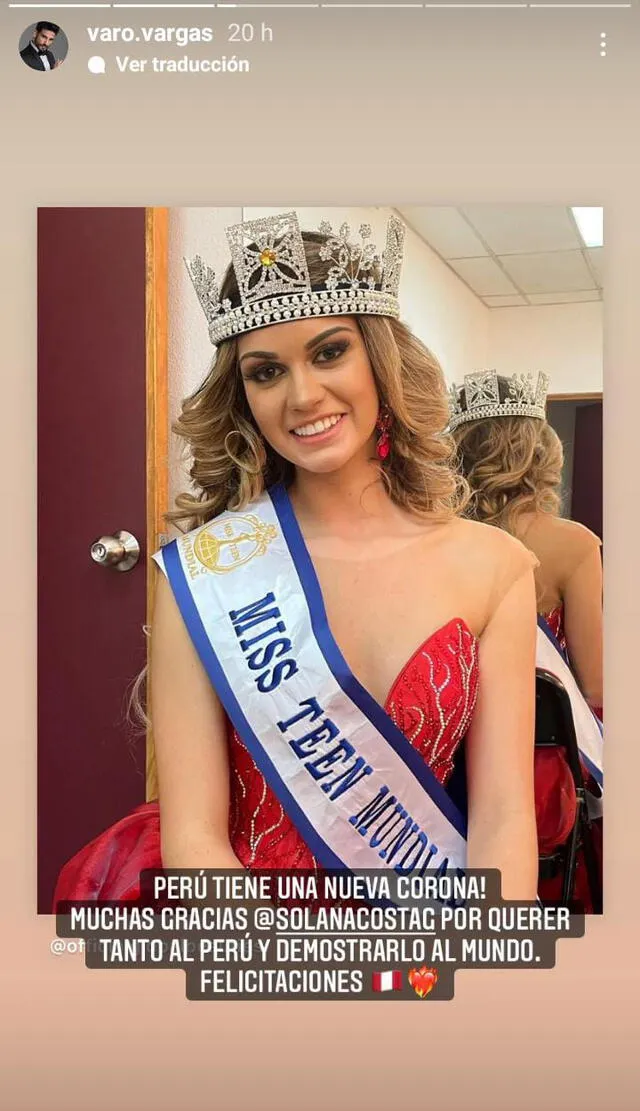 Varo Vargas felicita a Solana Costa por título de Miss Teen Mundial 2021. Foto: Varo Vargas/ Instagram