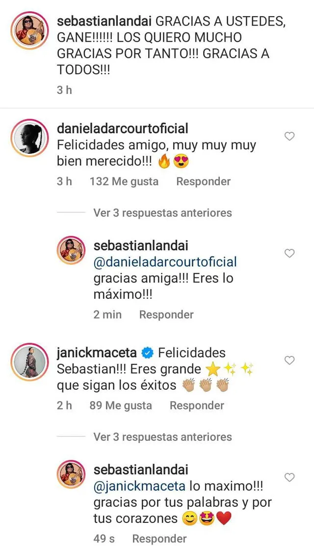 Daniela Darcourt y Janick Maceta felicitaron a Sebastián Landa por su performance en la final de Yo soy. Foto: Sebastián Landa/Instagram