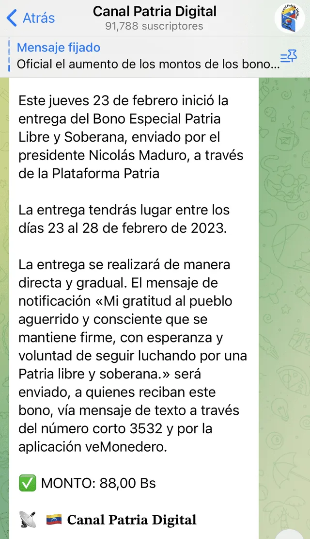  En 2023, este bono llegó con el monto de 88 bolívares. Foto: Canal Patria Digital/Telegram   