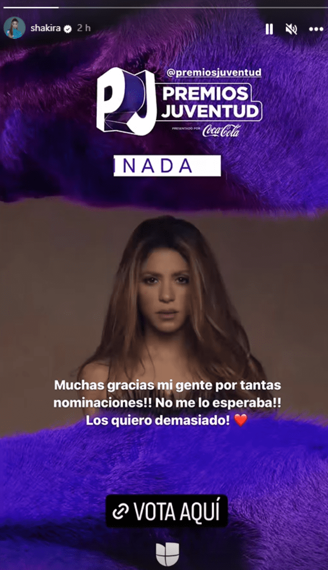  Shakira agradece nominaciones a los Premios Juventud. Foto: Instagram   