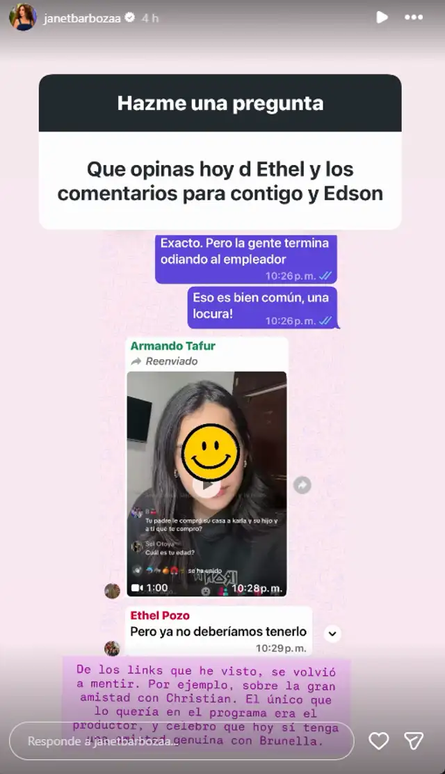 Janet Barboza compartió chat que mantuvo con Ethel Pozo. Foto: Instagram. Janet Barboza compartió chat que mantuvo con Ethel Pozo. Foto: Instagram.