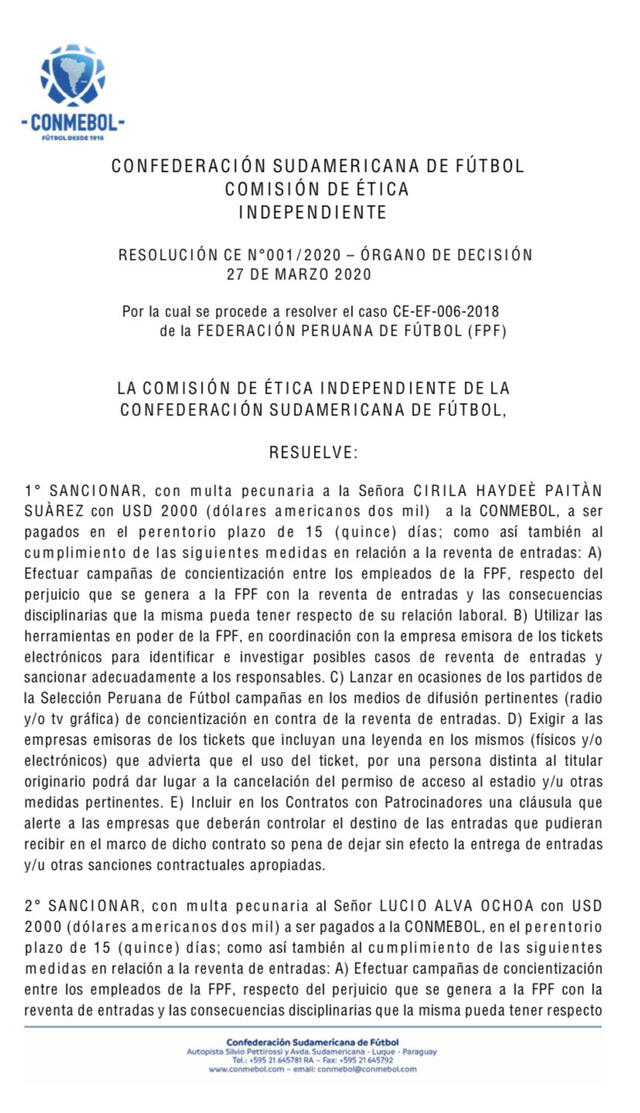Resolución de la Comisión de Ética de la Conmebol por el caso reventa de entradas en la FPF.