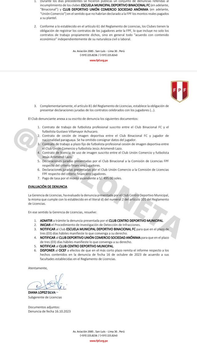  Deportivo Municipal denunció ante Licencias a Binacional y Comercio. Foto: FPF   