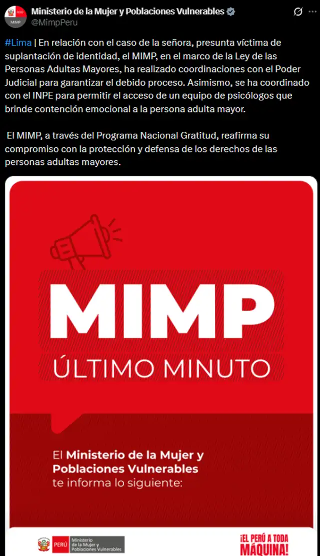 Comunicado del Ministerio de la Mujer y Poblaciones Vulnerables por caso de adulta mayor. Foto: X de MIMP Comunicado del Ministerio de la Mujer y Poblaciones Vulnerables por caso de adulta mayor. Foto: X de MIMP