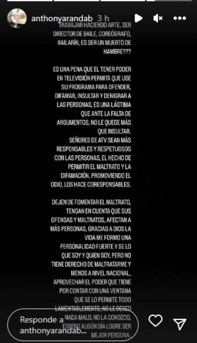  Anthony Aranda le responde a Magaly Medina. Foto: Captura instagram de Anthony Aranda 