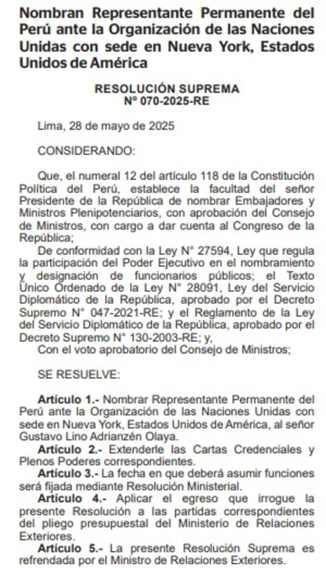  Oficializan a Gustavo Adrianzén como representante de Perú ante la ONU | Foto: El Peruano.    