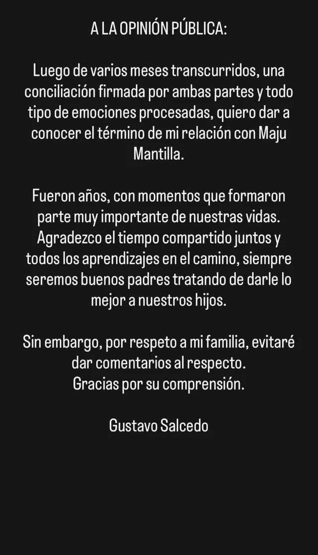 Comunicado de Gustavo Salcedo sobre el fin de su matrimonio con Maju Mantilla. Foto: Instagram Comunicado de Gustavo Salcedo sobre el fin de su matrimonio con Maju Mantilla. Foto: Instagram