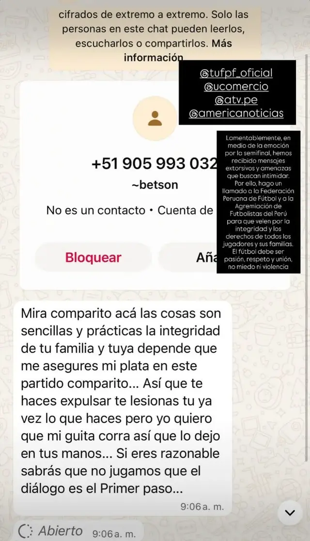  Mensaje extorsivo contra Renzo Figueroa. Foto: captura de Renzo Figueroa/Instagram   