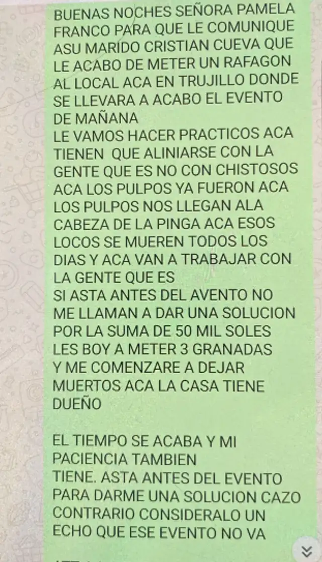 Presunto mensaje extorsivo a Pamela Franco: Foto: Difusión. Presunto mensaje extorsivo a Pamela Franco: Foto: Difusión.