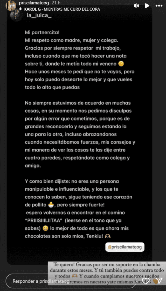 Mensaje de apoyo de Nataly Julca a Priscila Mateo. Foto: Instagram.   