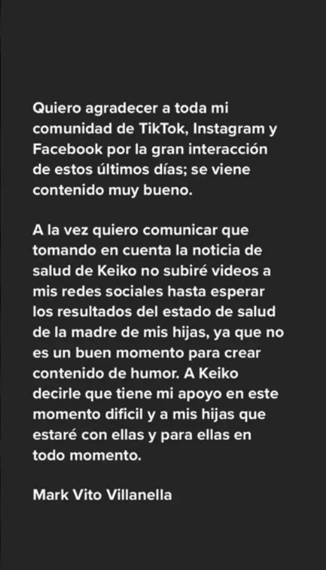 Mark Vito Villanella publicó este comunicado en sus redes sociales. Foto: Instagram/Mark Vito   