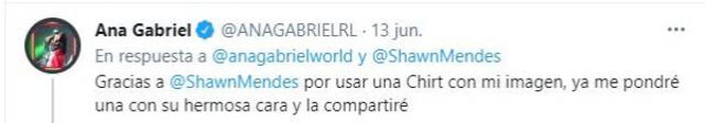 Ana Gabriel respondió a Shawn Mendes en Twitter. Foto: Ana Gabriel/ Twitter