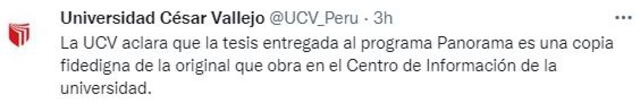 UCV desmiente versión de que tesis de Castillo presentada en reportaje no era legítima. Foto: Captura Twitter