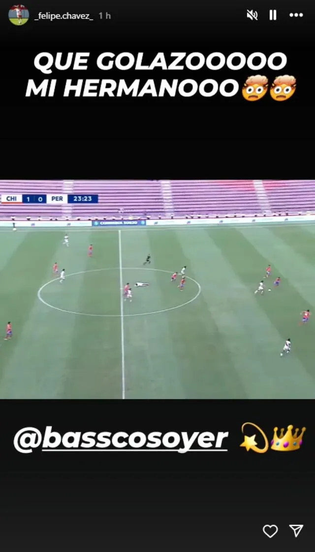 Felipe Chávez elogió a su amigo por el golazo ante Chile. Foto: Instagram Felipe Chávez elogió a su amigo por el golazo ante Chile. Foto: Instagram