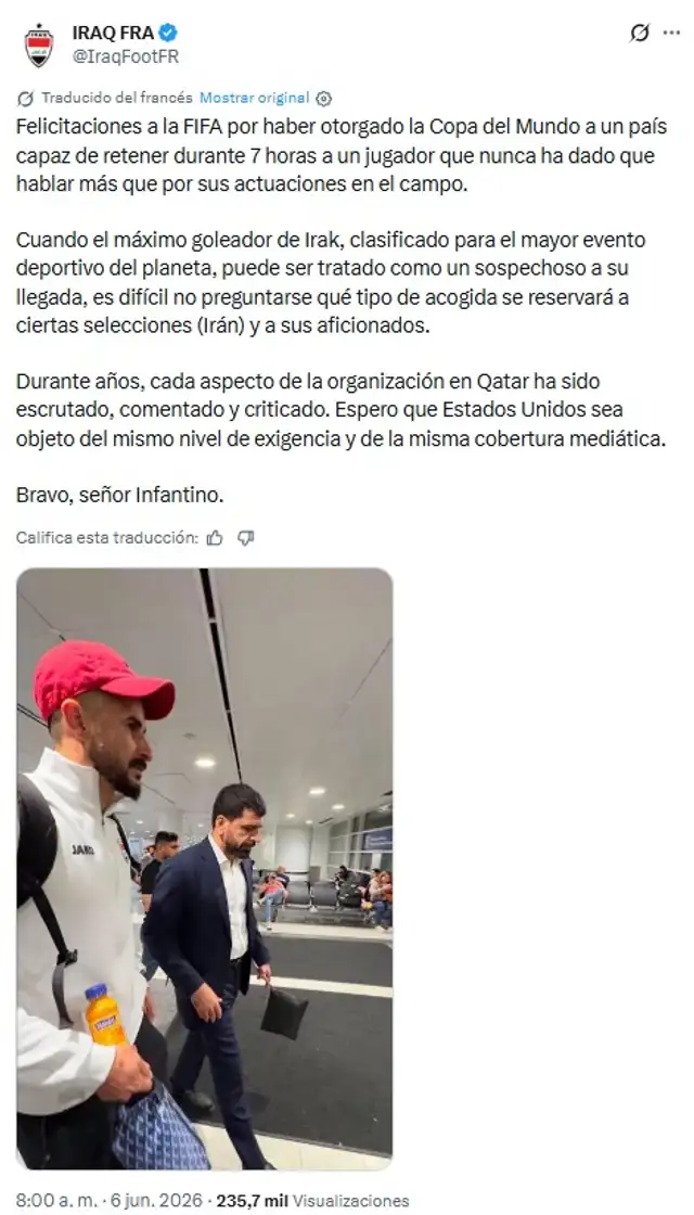 Selección de Irak denuncia maltrato a su goleador en aeropuerto de Estados Unidos. Foto: Selección de Irak Selección de Irak denuncia maltrato a su goleador en aeropuerto de Estados Unidos. Foto: Selección de Irak