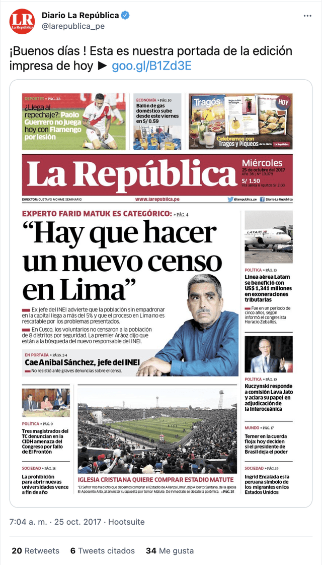 Portada real del 25 de octubre de 2017. Foto: captura en Twitter / @larepublica_pe