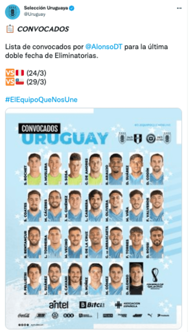 Suárez y Cavani lideran la lista de convocados. Foto: captura Twitter Selección uruguaya