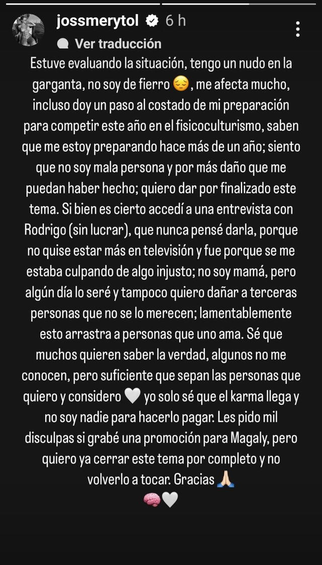 Jossmery Toledo anuncia que no se presentará en programa de Magaly Medina. Foto: Instagram   