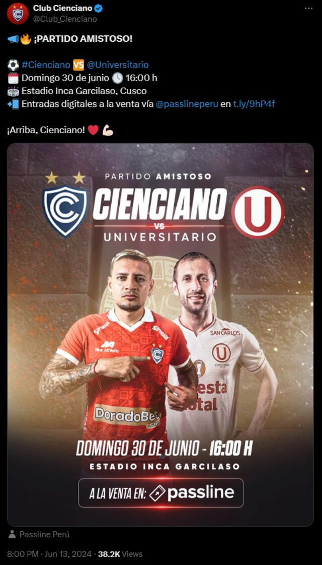  Cienciano anunció que jugará un partido de preparación con Universitario en el Cusco. Foto: captura X    
