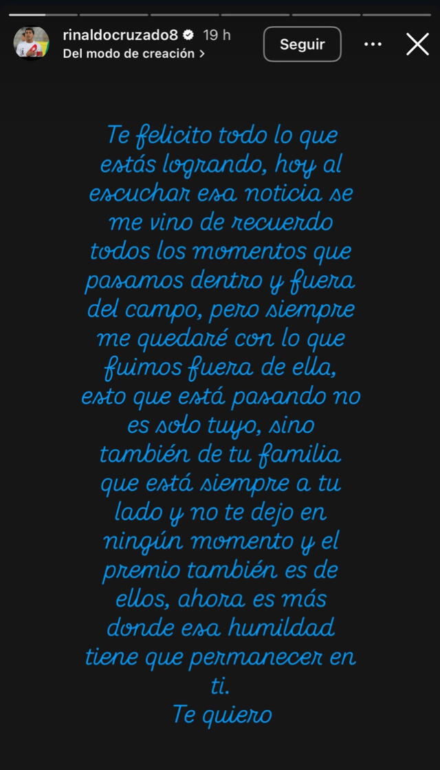 Mensaje de Rinaldo Cruzado. Foto: Instagram.   