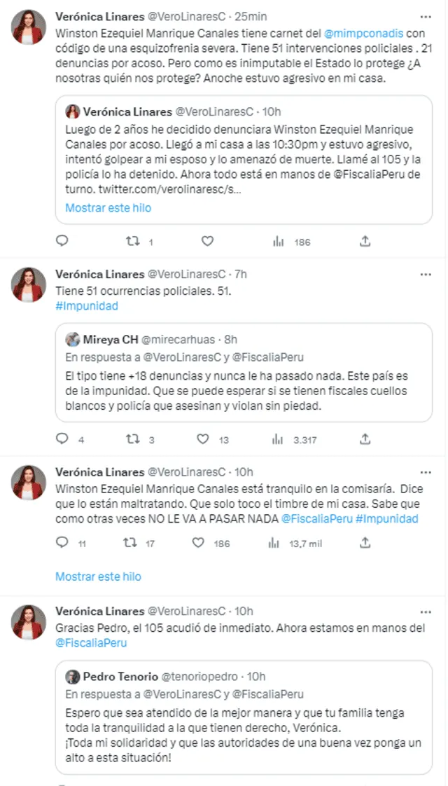 Verónica Linares cuenta que la Policía detuvo a su acosador. Foto: captura de Twitter   