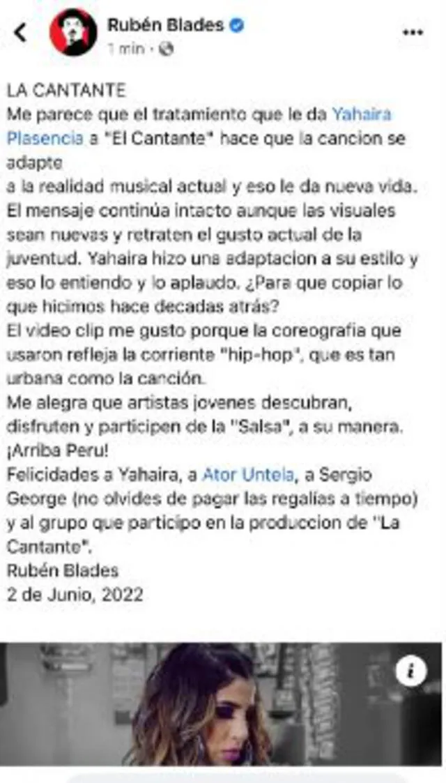 Rubén Blades felicitó a Yahaira Plasencia por su nuevo tema.