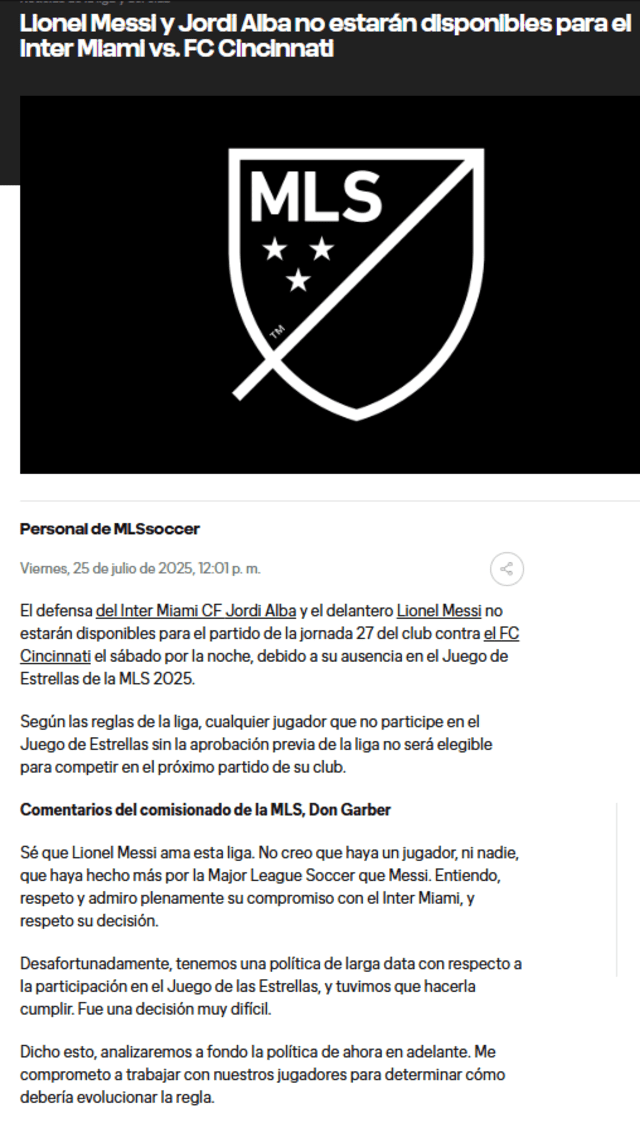 Comunicado oficial de la MLS. Foto: MLS sitio oficial   