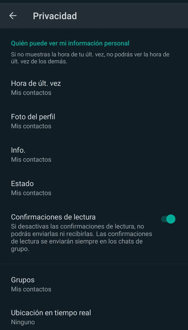 Opciones de privacidad de WhatsApp