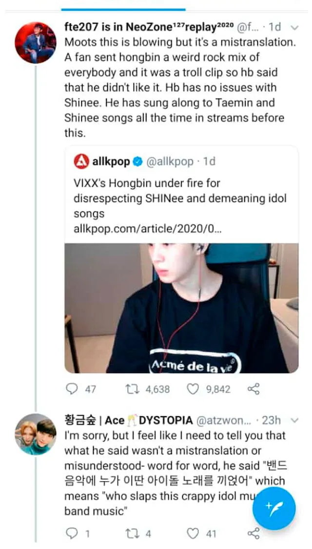 En Twitter se crearon hilos explicativos indicando que las palabras de Hongbin de VIXX fueron sacadas de contexto, porque no hablaba de SHINee, sino de una mala mezcla realizada por un usuario.