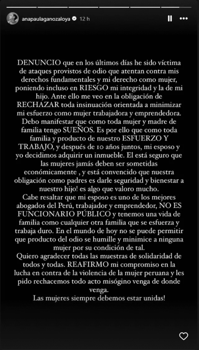  Ana Paula Ganoza comparte comunicado en sus redes sociales. Foto: Instagram/Ana Paula Ganoza 
