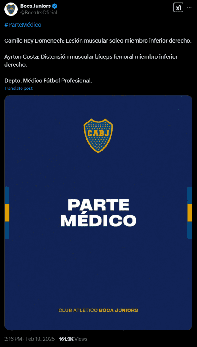 Boca Juniors confirmó los dos lesionados que no jugarán contra Alianza Lima en la vuelta por la Copa Libertadores. Foto: Boca Juniors Boca Juniors confirmó los dos lesionados que no jugarán contra Alianza Lima en la vuelta por la Copa Libertadores. Foto: Boca Juniors