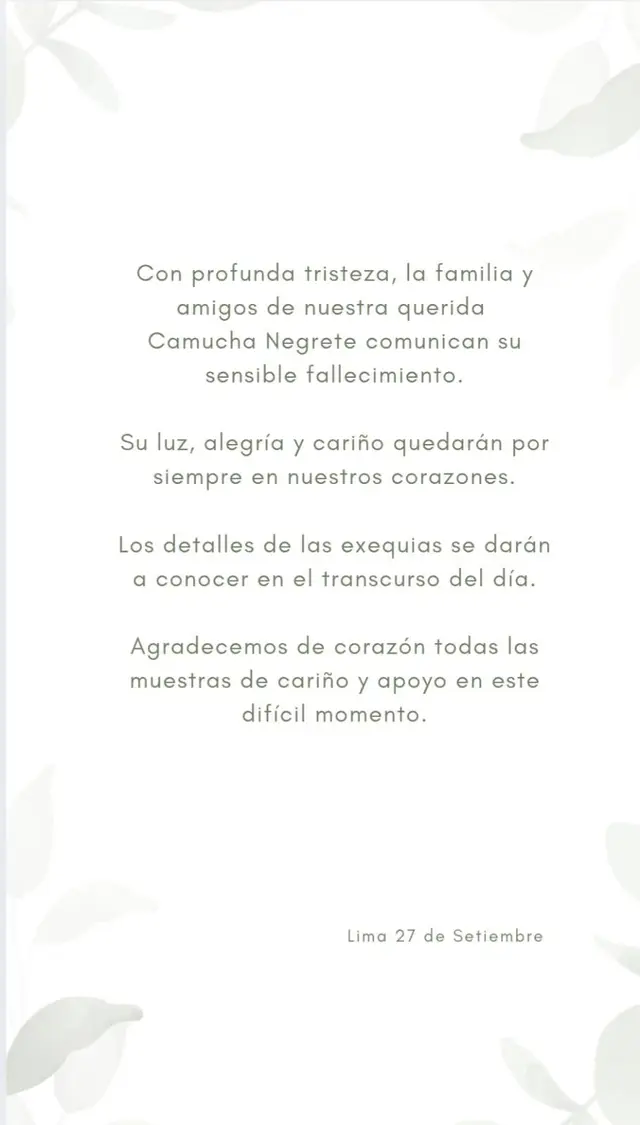  Familiares confirman el fallecimiento de la actriz Camucha Negrete. Foto: Facebook   