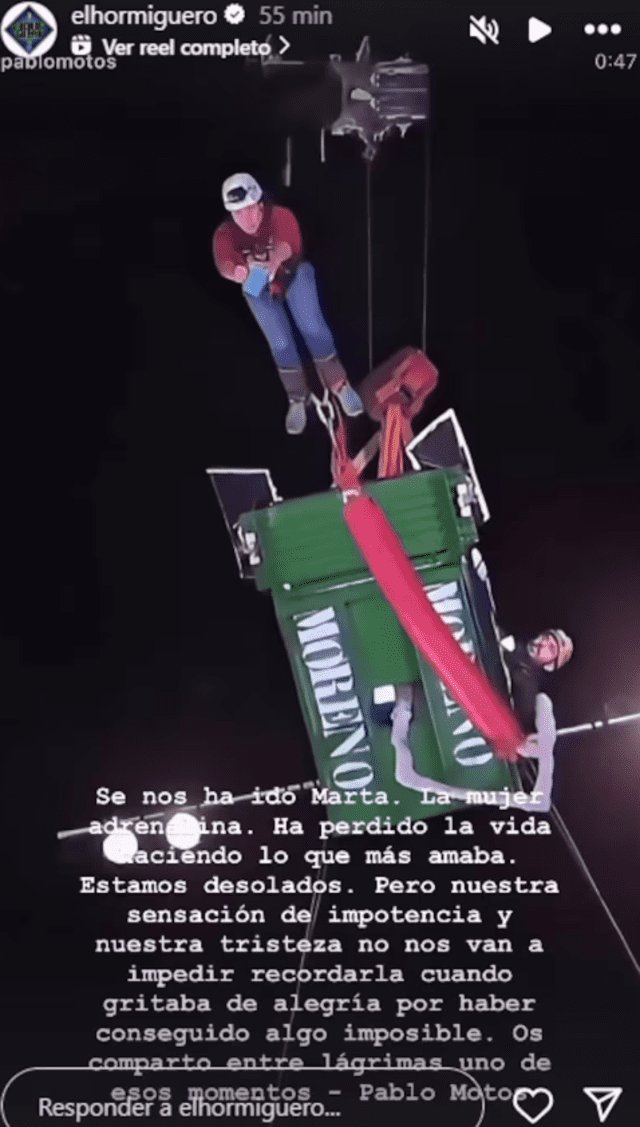 Pablo Motos y su despedida a Marta Jiménez, la mujer adrenalina. Foto: El Hormiguero/Instagram Pablo Motos y su despedida a Marta Jiménez, la mujer adrenalina. Foto: El Hormiguero/Instagram