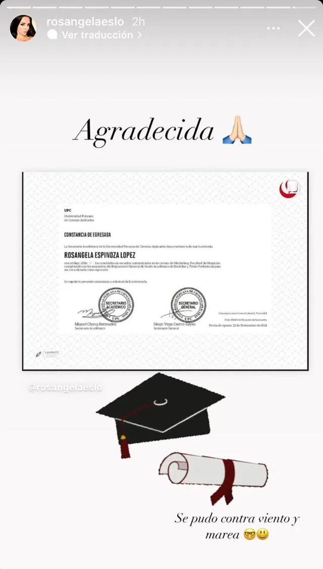 Rosángela Espinoza compartió con sus seguidores su certificado de egreso de la universidad. Foto: Rosángela Espinoza/Instagram.