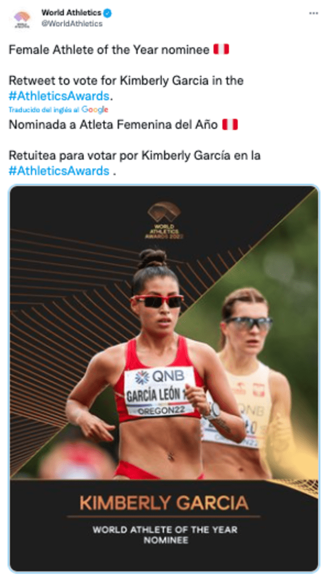 Nominación de kimberly García. Foto: Twitter/World Athletics