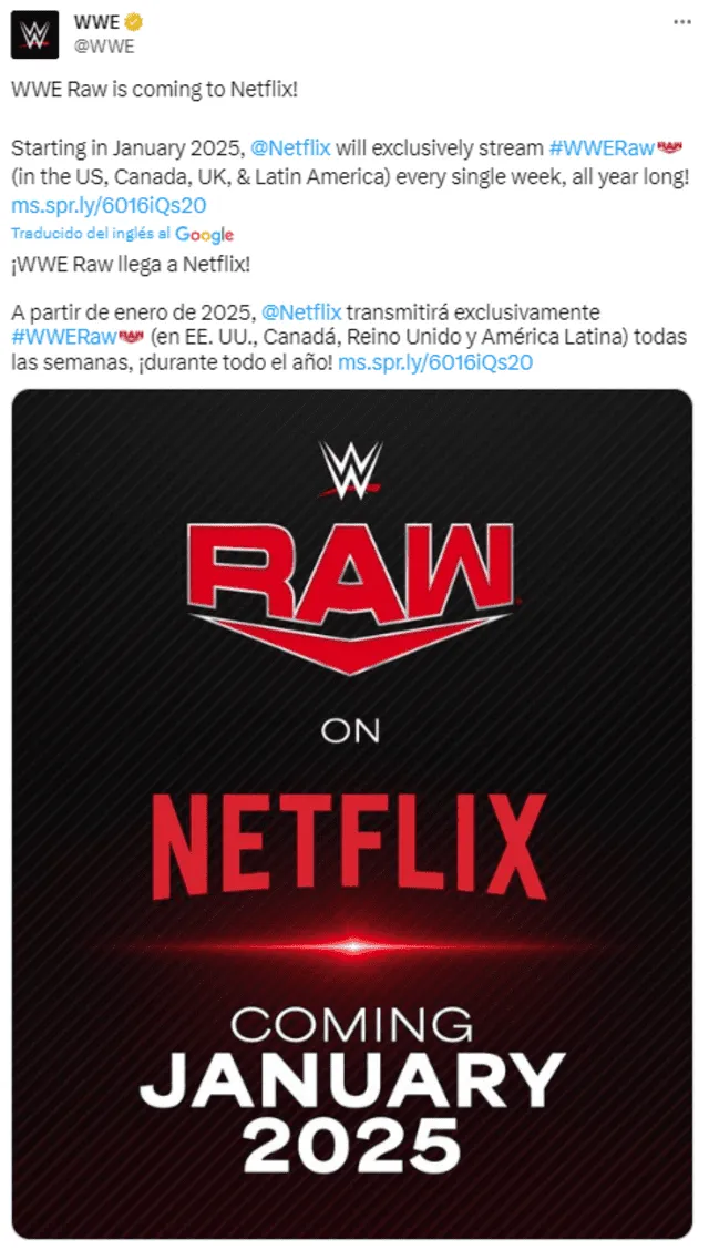 Anuncio del vínculo entre WWE y Netflix. Foto: captura de X   