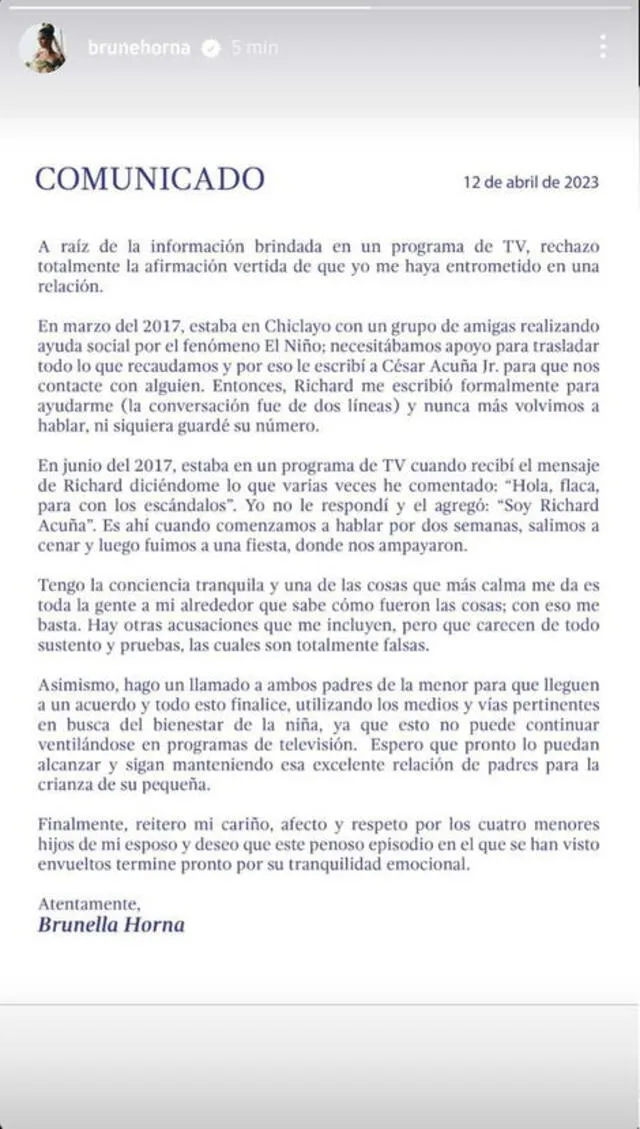 Brunella Horna hace un llamado a Richard Acuña y Camila Ganoza para que terminen con el escándalo tras el informe contra excongresista. Foto: Instagram   