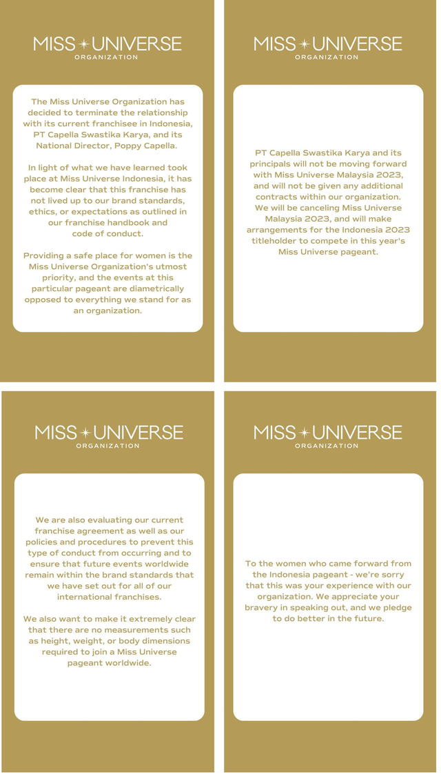  12.08.2023 | Comunicado de la organización miss Universe. Foto: captura miss Universe Instagram<br><br>    