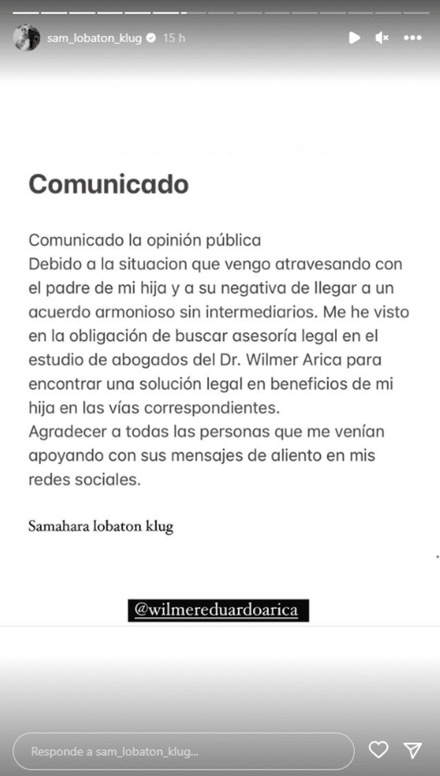 Samahara Lobatón y su comunicado sobre Youna. Foto: Instagram Samahara Lobatón   