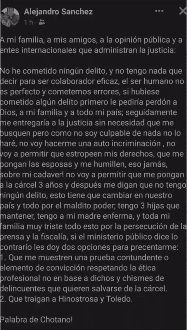  Mensaje de Alejandro Sánchez Sánchez, dueño de la casa de Sarratea. Foto: captura de Facebook   