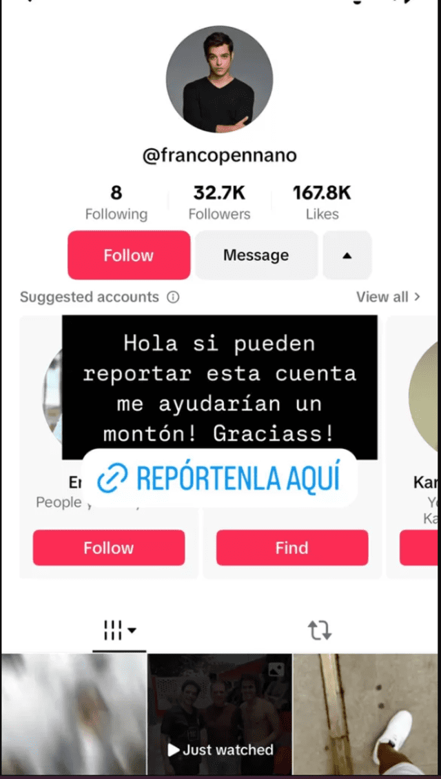 Franco Pennano denunció que una persona está suplantando su identidad en TikTok. Foto: Instagram.   