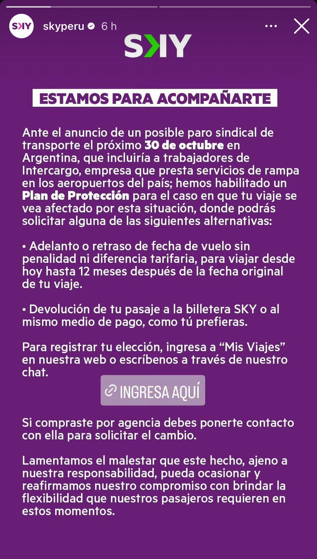 Este fue el comunicado que emitió Sky para informar a sus usuarios. Foto: Sky   